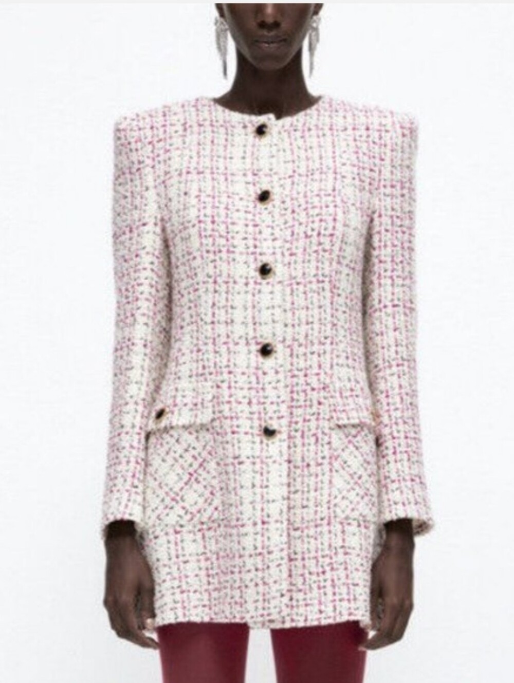 Zara Pink Ivory Tweed Longline Blazer Gold Button Size Small